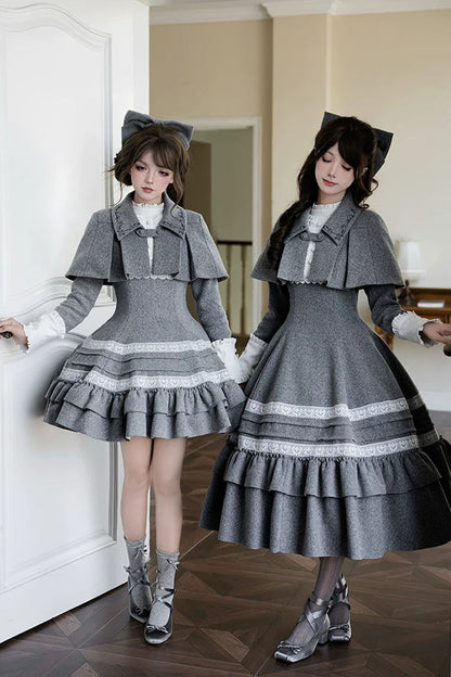 Grey [letters and Poems · Old Memories] Stand Collar Long Sleeves Double-layered Ruffled Bow Classic Lolita Dress 2 Versions