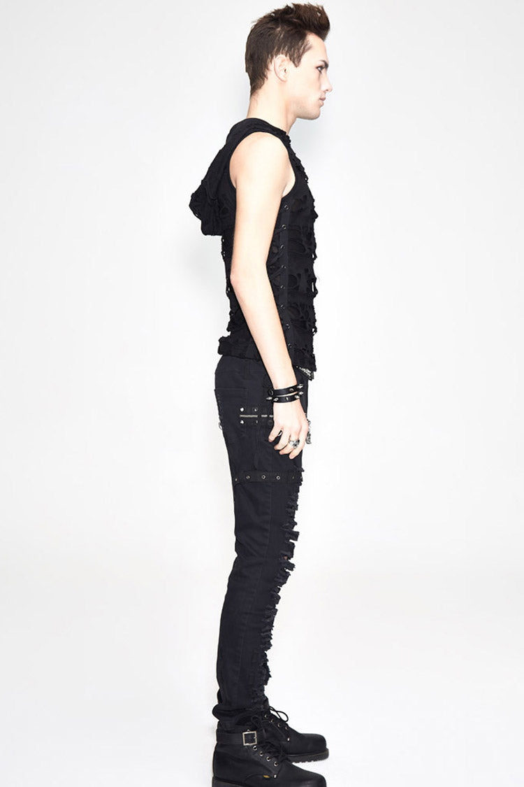 Black Sleeveless Ripped Side Ribbons Lace-up Hooded Punk T-shirt