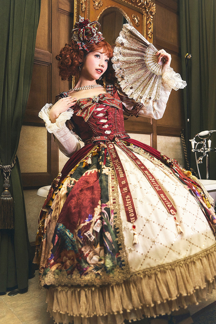 Red [kaleidoscope of Dreams] Double-layered Print Embroidery Bowknot Lace-up Classic Lolita Dress