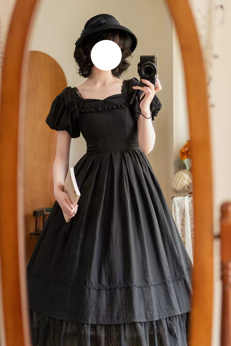 Black [forest Gallery] Square Collar Short Sleeves Ruffled Bow Classic Lolita Dress