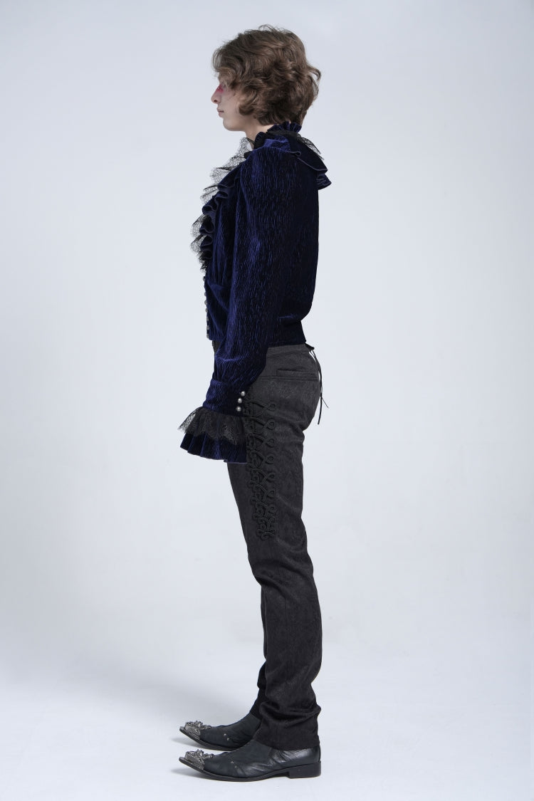 Blue V Collar Long Sleeves Ruffle Stitching Lace Gothic Blouse