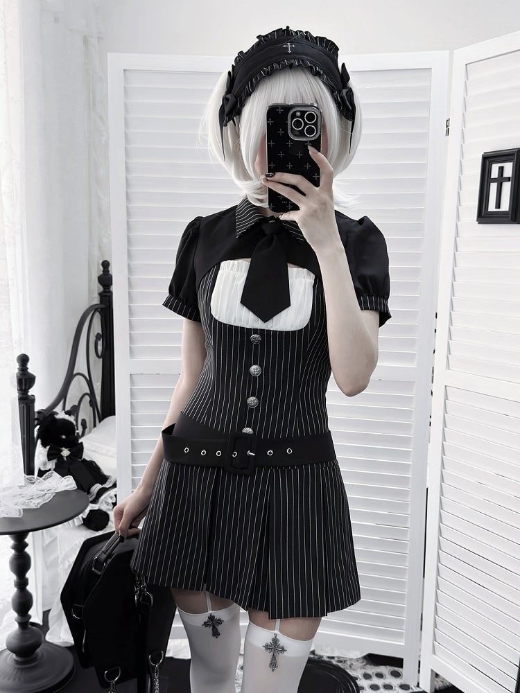 [pre-order Deadline: April 28] Black Pinstripe Tie Collar Short Jacket Dress Full Set + Jewel Casquette