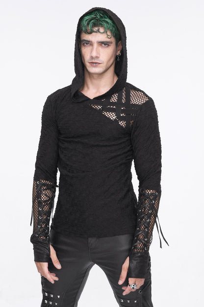 Black Lace Up Mesh Splice Long Sleeve Punk Hoodies
