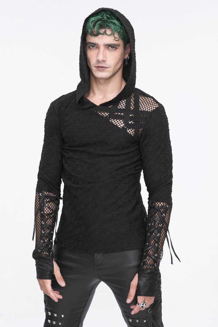 Black Lace Up Mesh Splice Long Sleeve Punk Hoodies
