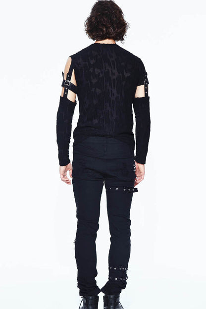 Black Leather Loop Sleeve Irregular Jacquard Knitted Chest Lace Up Removable Punk Shirt