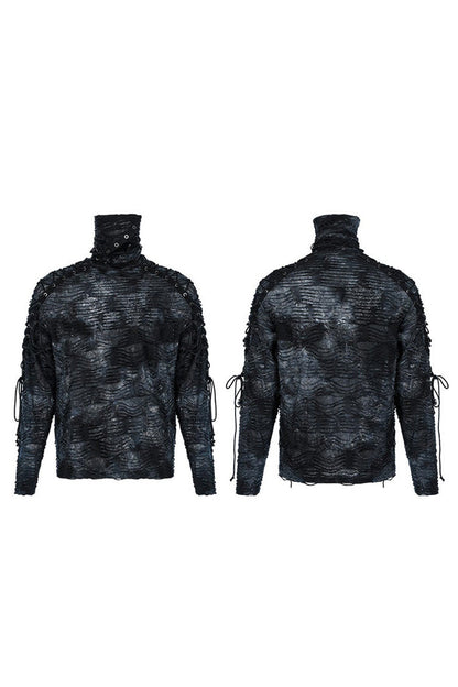 Black/blue Punk Post Apocalyptic Turtleneck Tattered Tie Dye Print Lace Up Long Sleeve T-shirt