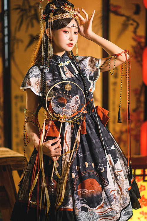 Black Chinese Style Chang'e Flying to the Moon Print Ruffled Classic Lolita Op Dress