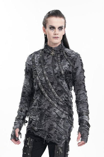 Black Stand Collar Ripped Eyelets Strap Gothic T-shirt