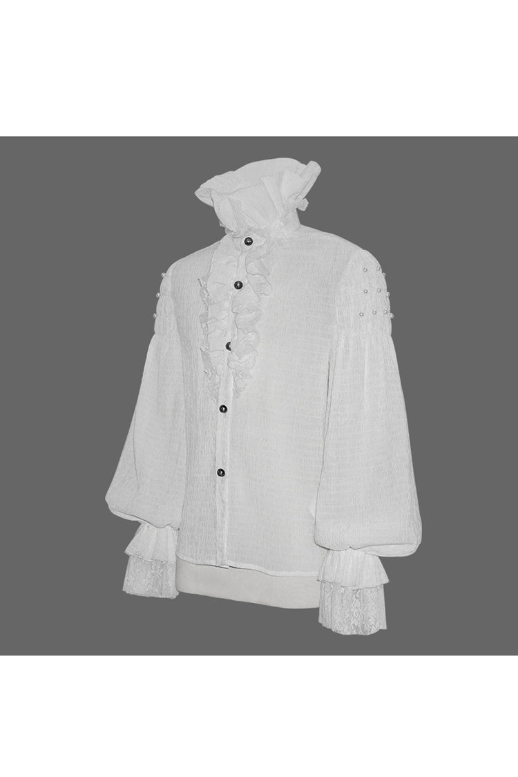White Ruffle Stand Collar Lantern Sleeves Jacquard Gothic Blouse