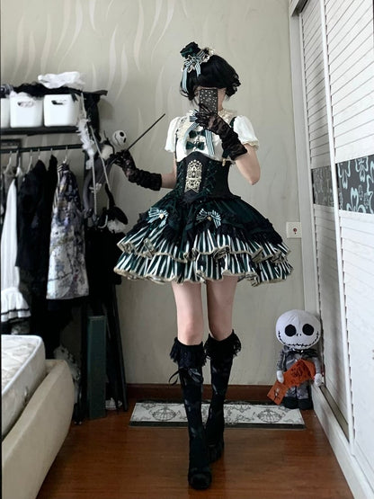 [pre-order Deadline: May 20] Magical Girl Lolita Lace Puff Sleeve Shirt + Black X Green Ribbon Corset Tiered Dress + Mini Hat