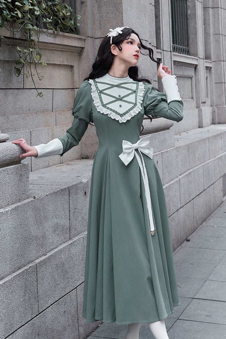 Green Nun Style Stand Collar Long Sleeves Ruffle Bowknot Classic Lolita Dress