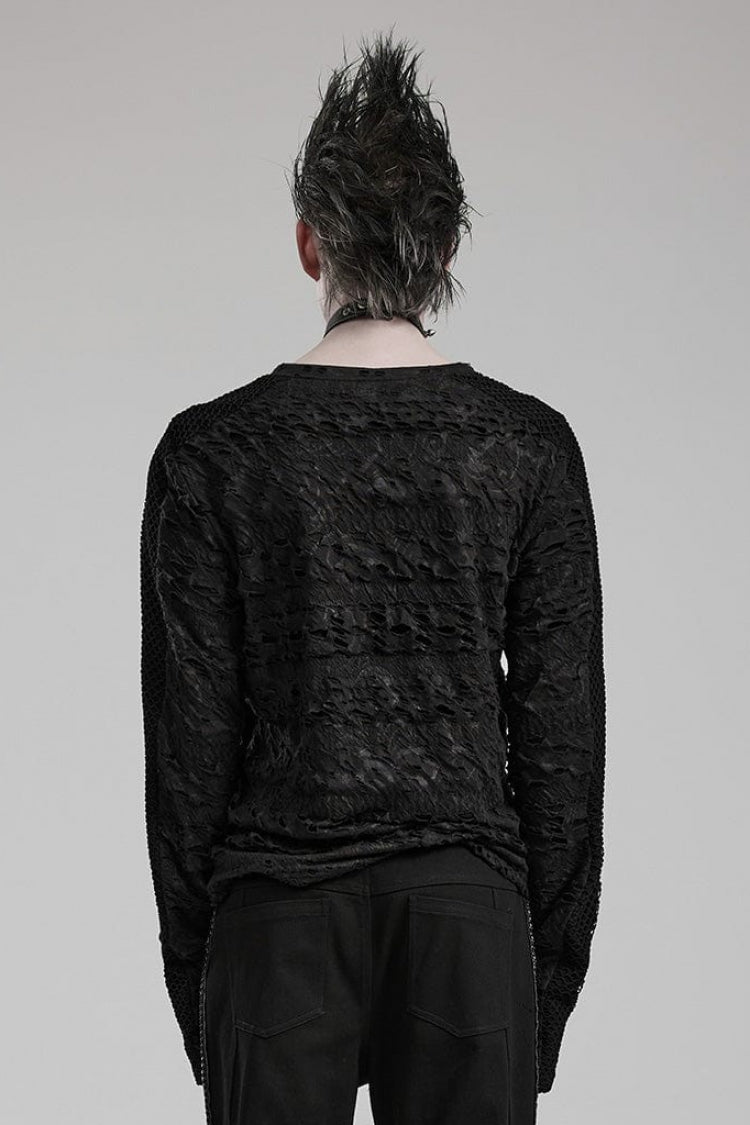 Black Long Sleeves Ripped Print Stitching Gothic T-shirt