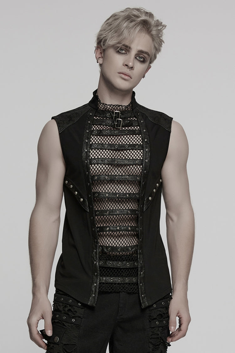 Black Sleeveless Stitching Mesh Eyelet Straps Punk Vest