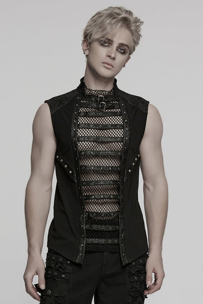 Black Sleeveless Stitching Mesh Eyelet Straps Punk Vest