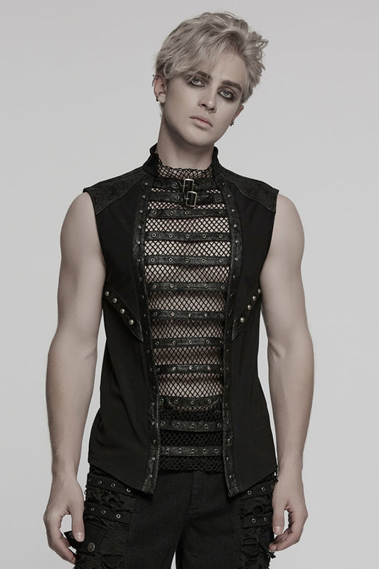 Black Sleeveless Stitching Mesh Eyelet Straps Punk Vest