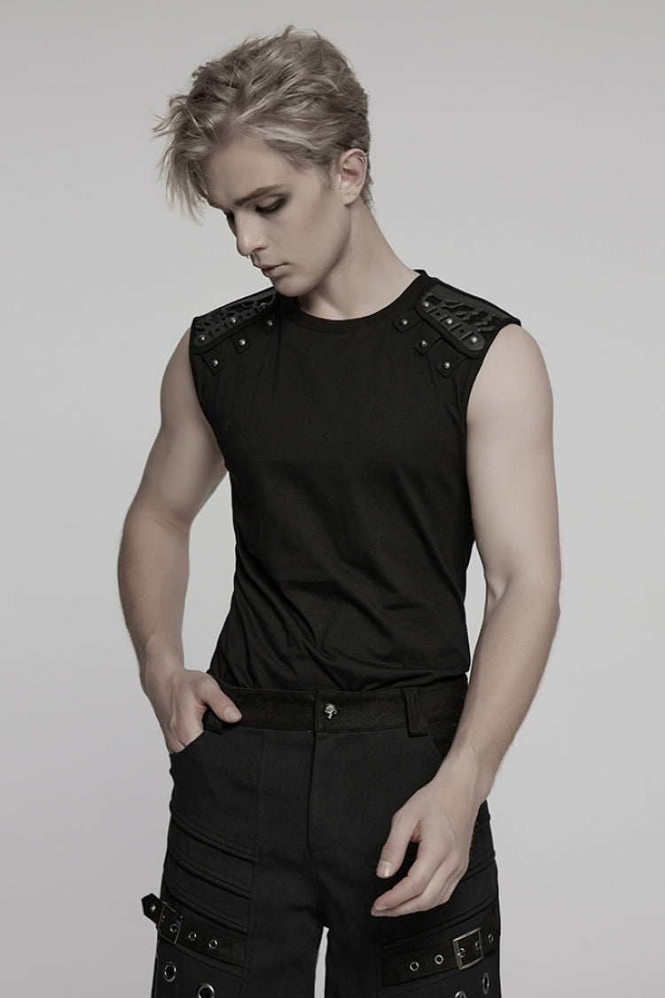 Black Round Collar Sleeveless Studded Stitching Shoulder Patched Punk Vest