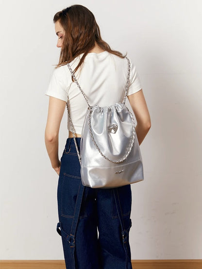 Cool Metal Heart Soft Leather Drawstring Bag