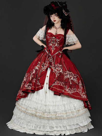 [pre-order Deadline: May 3] Red White Corset Lace Ribbon Lolita Jks Princess Dress + Complete Set