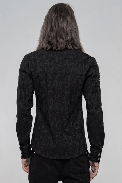 Black Long Sleeve Jacquard Front Metal Skull Button Punk Shirt