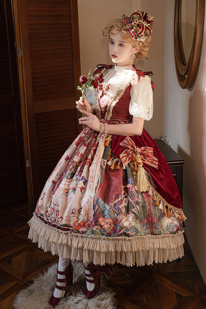 Red [kaleidoscope of Dreams] Sleeveless Double-layered Print Embroidery Bowknot Classic Lolita Jsk Dress
