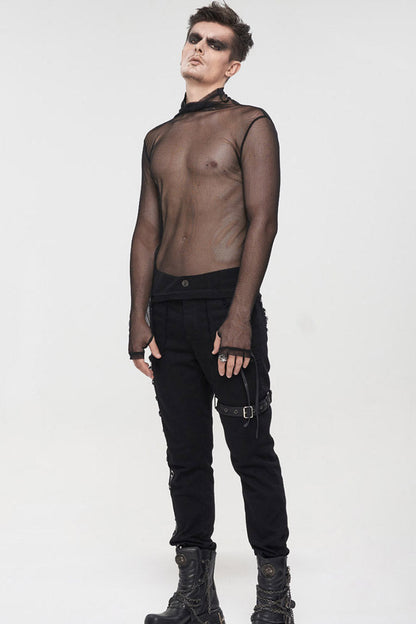 Black Gothic Elasticity Perspective Rhombus Net Yarn Shirt