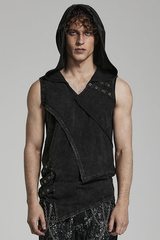 Black Sleeveless Irregular Hooded Punk Tank Top