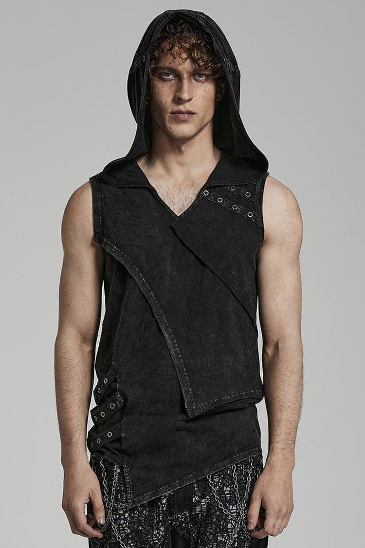 Black Sleeveless Irregular Hooded Punk Tank Top