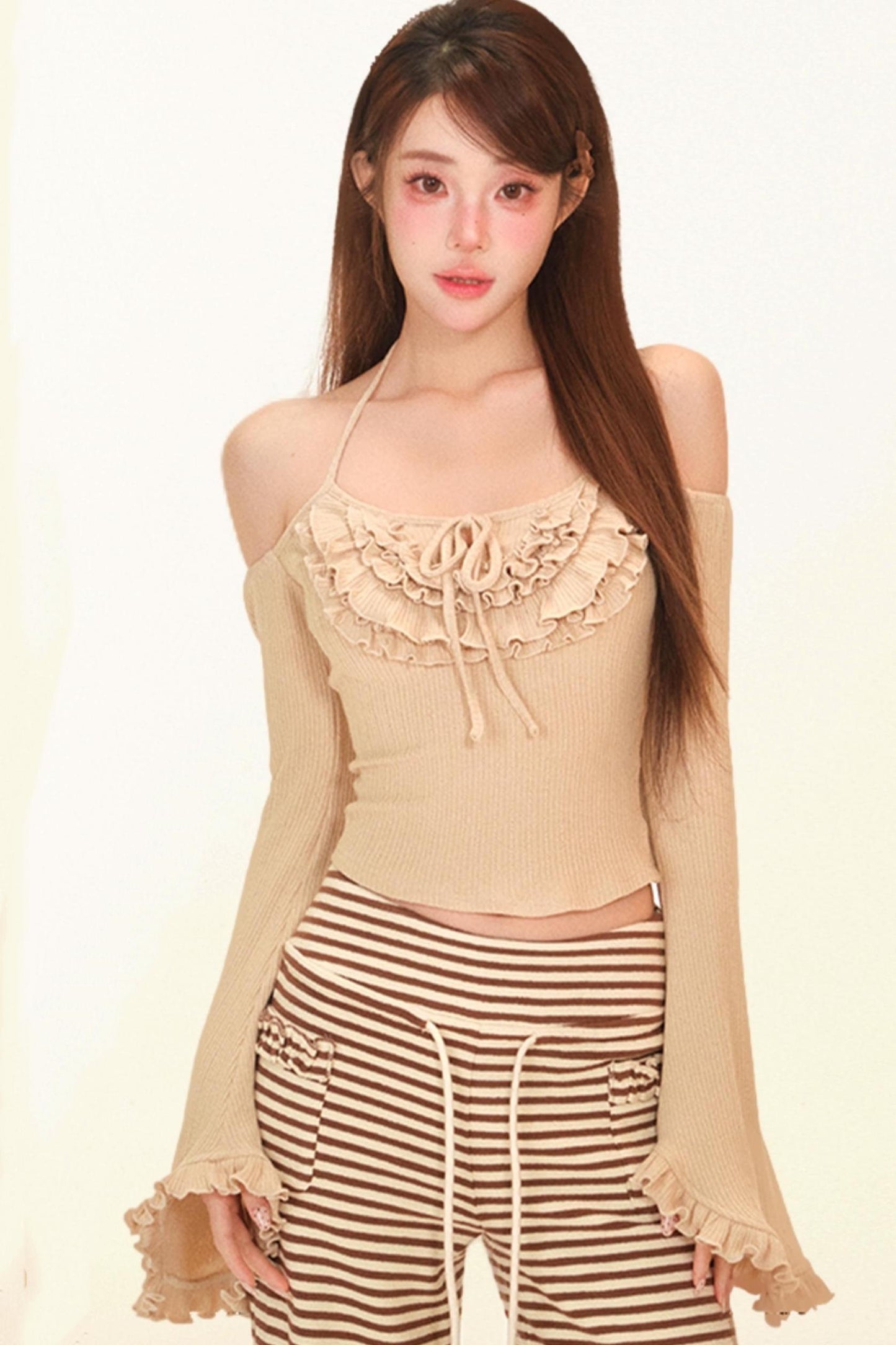 Soft Brown Ruffled Knit Cardigan + Top