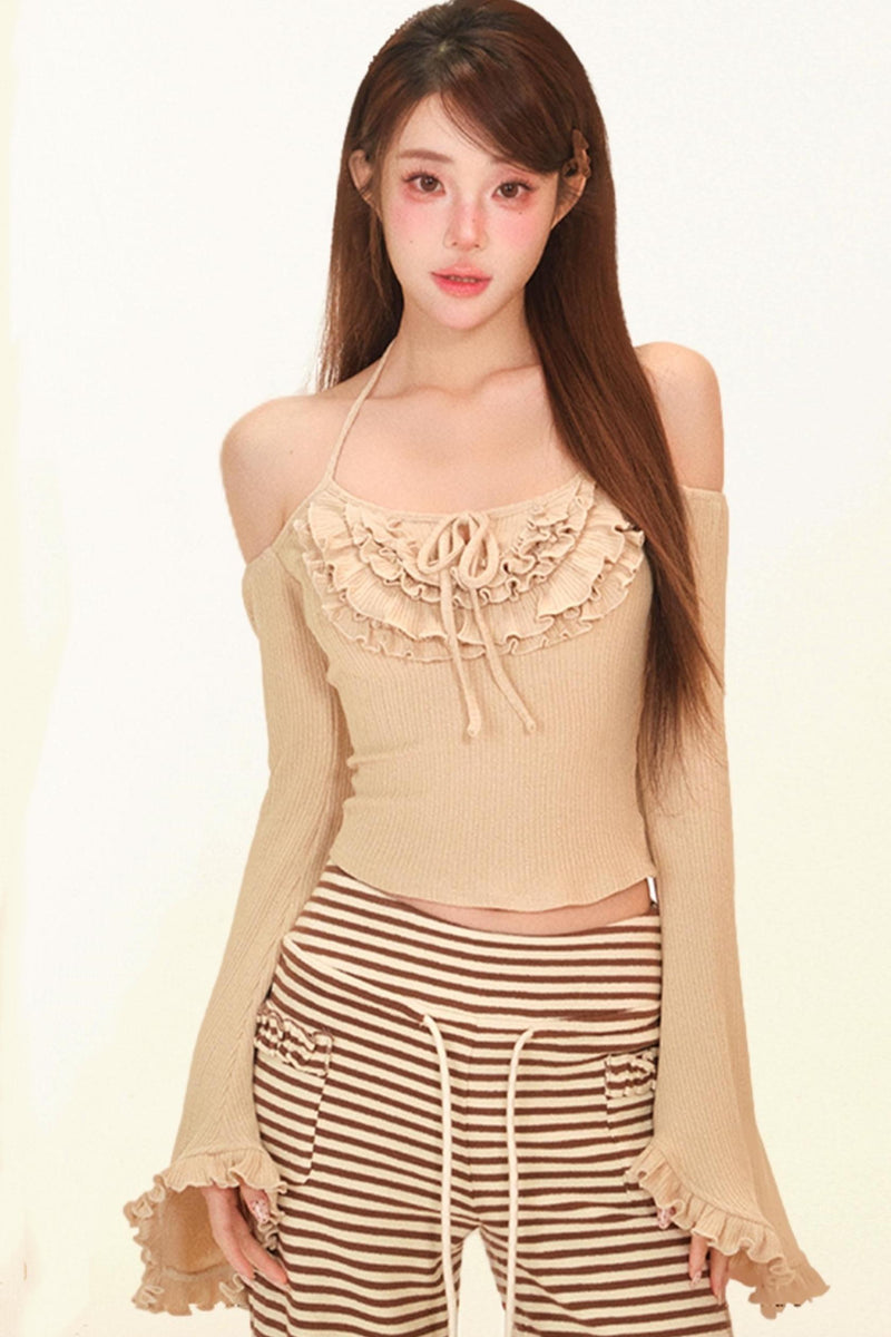 Soft Brown Ruffled Knit Cardigan + Top