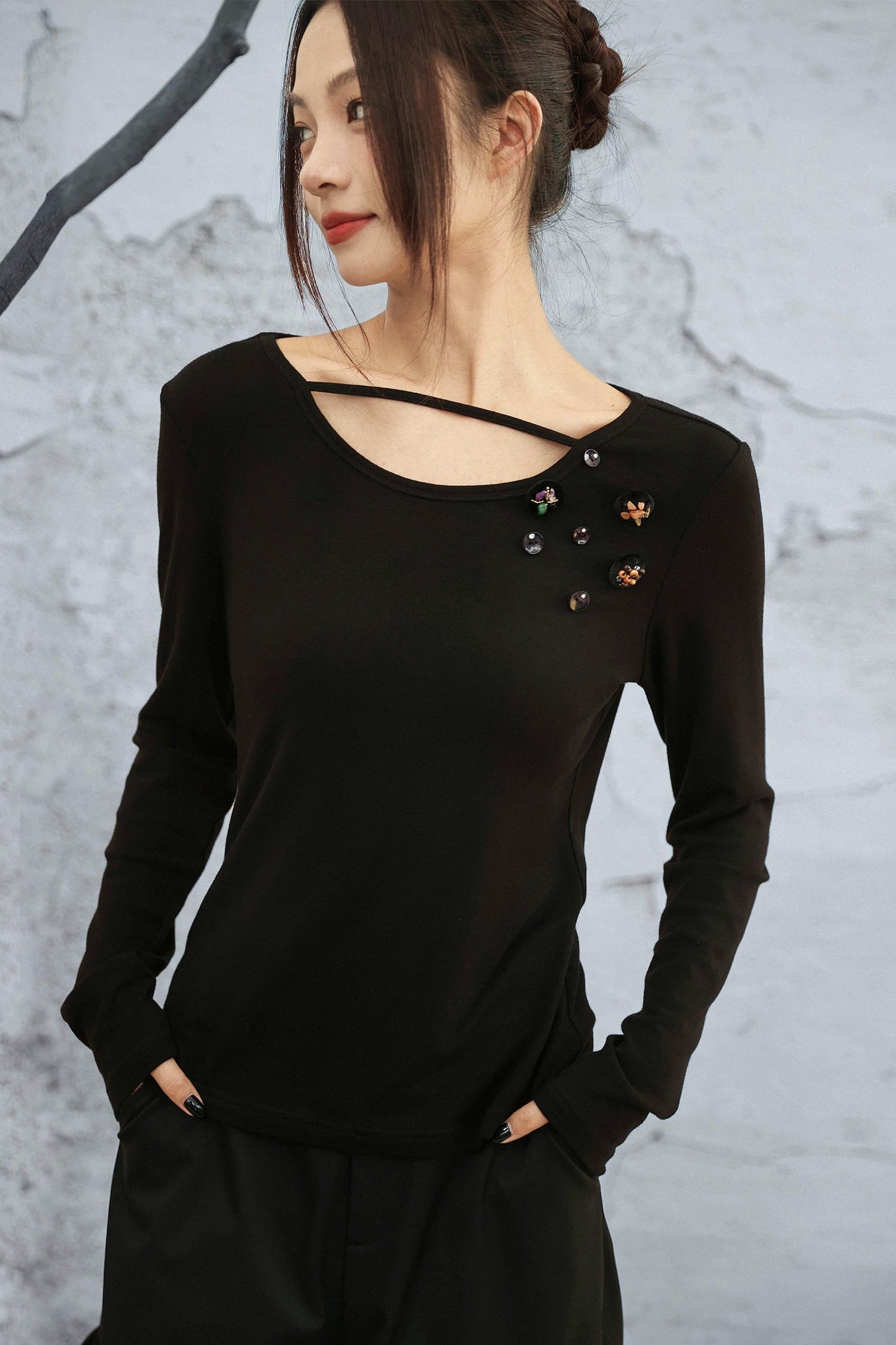 Crystal Button Velvet Knitted Top