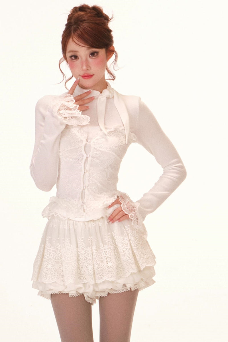 Lace Trim Cape Coat + Tops + Scarf