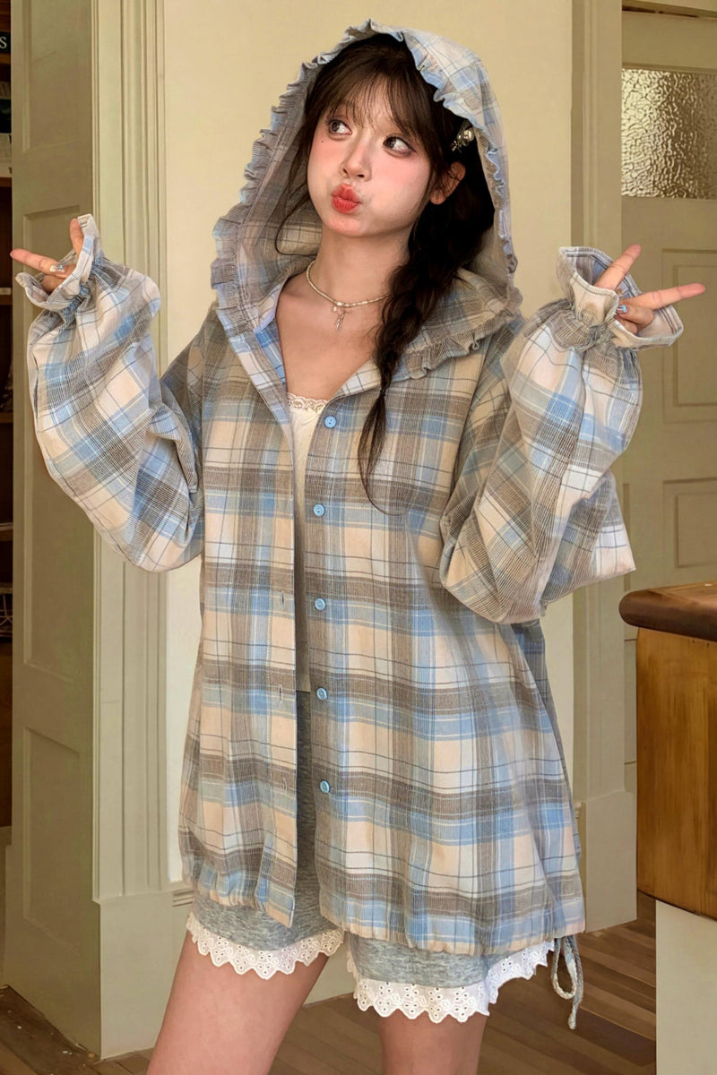 Plaid Cotton Hooded Shirt