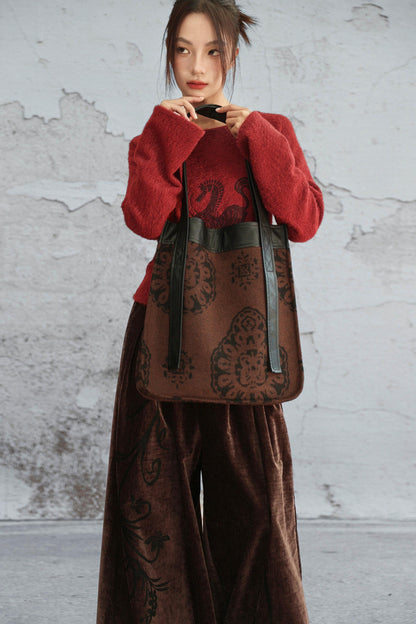 Brown Jacquard Leather Tote Bag