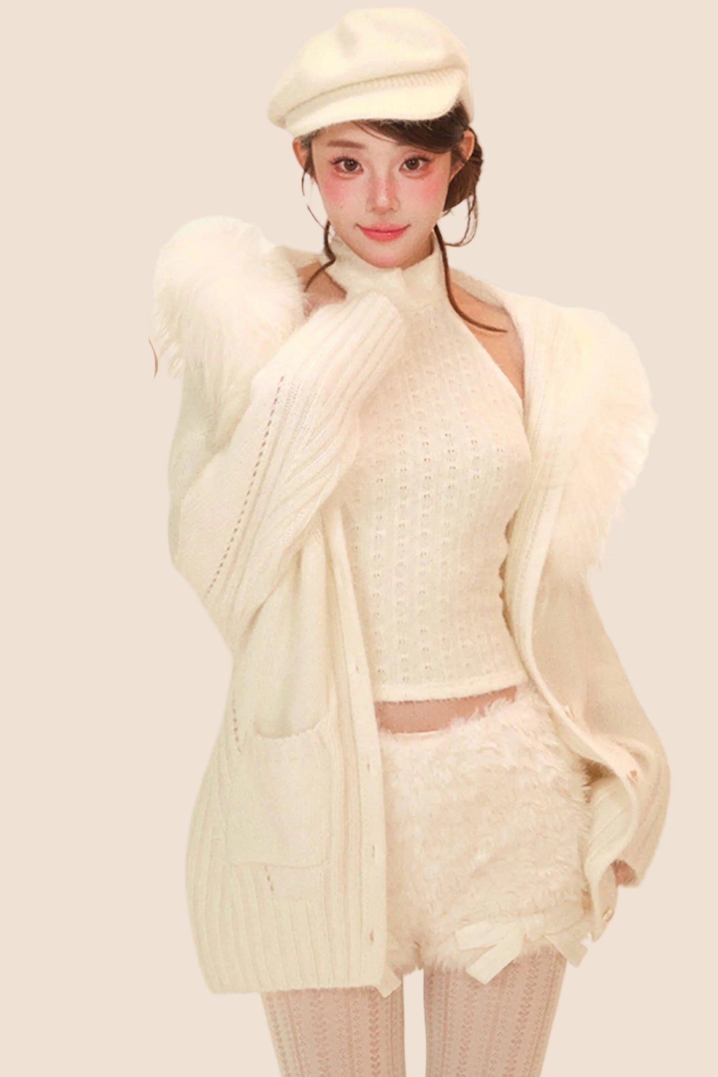 Halter Neck Fuzzy Knit Coat + Top + Pants
