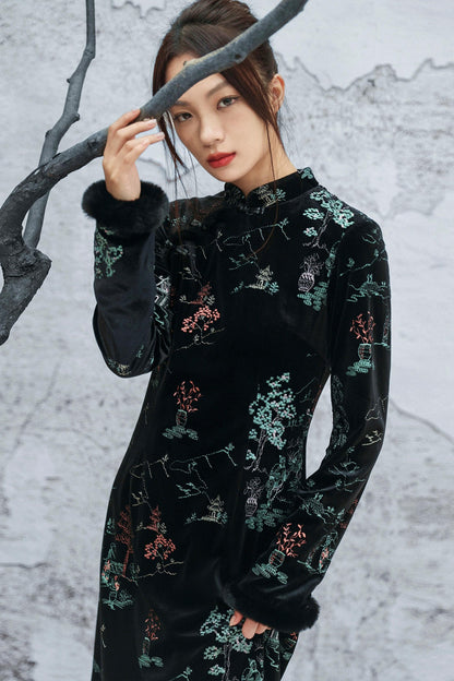 Embroidered Plush Cheongsam Dress