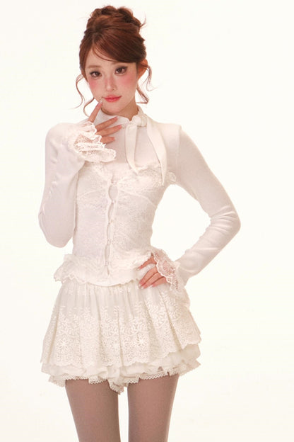 Lace Trim Cape Coat + Tops + Scarf