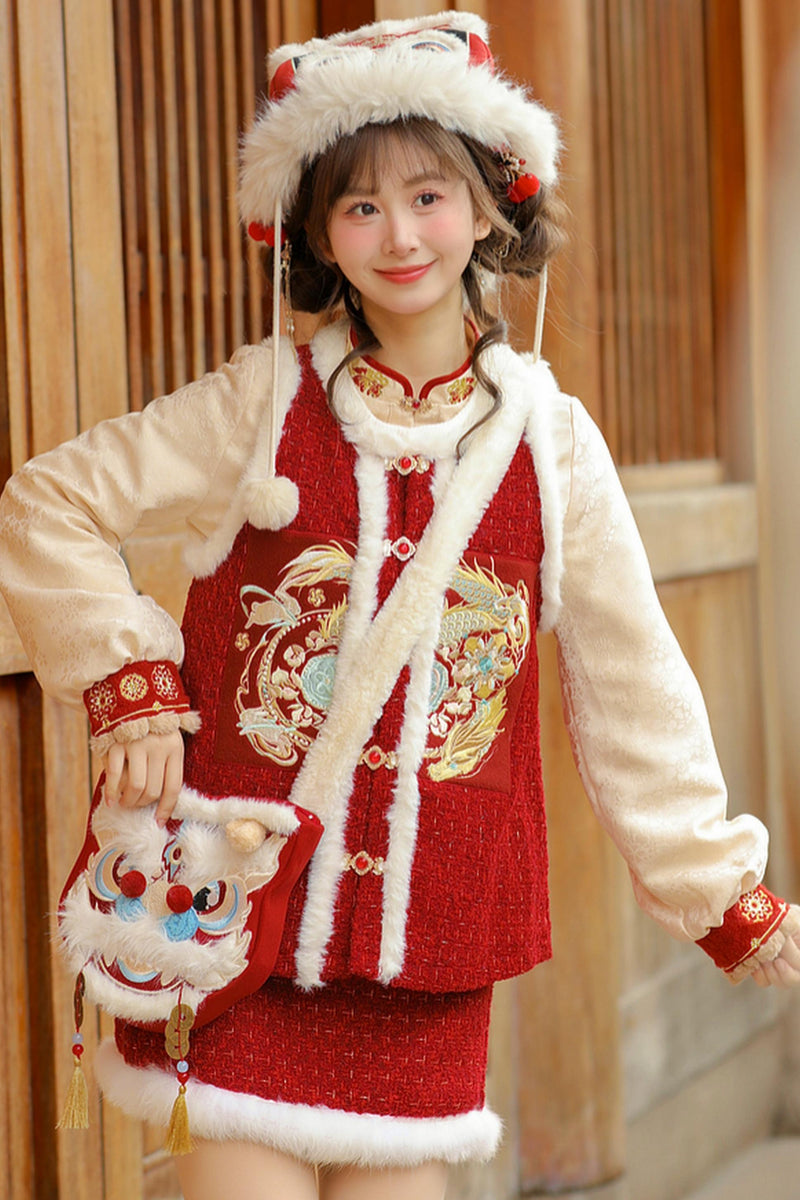 Chinese Design Fur Vest + Skirt