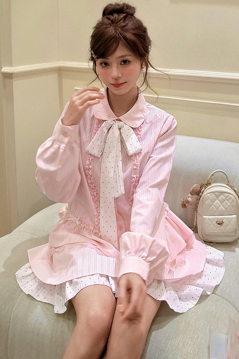 Lace Patchwork Doll Collar Blouse + Skirt