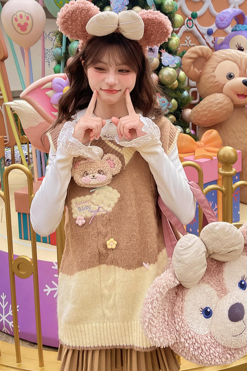 Sweet Bear Embroidered Knitted Vest + Cardigan