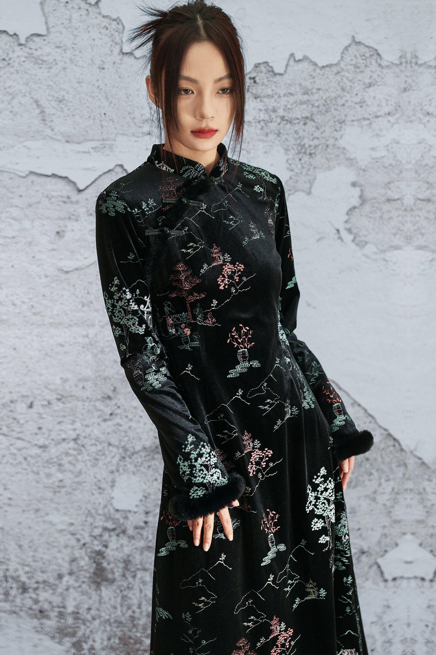 Embroidered Plush Cheongsam Dress