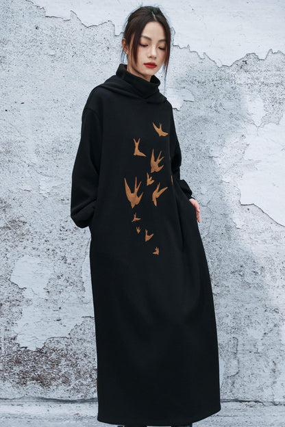 Chinese-style Fleece Lined Hooded Dress