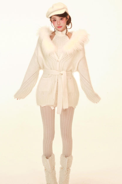 Halter Neck Fuzzy Knit Coat + Top + Pants