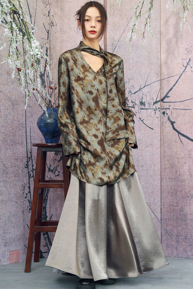 Silver Gray Metallic Satin Blouse