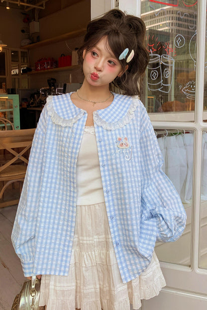 Cat Plaid Doll Collar Blouse