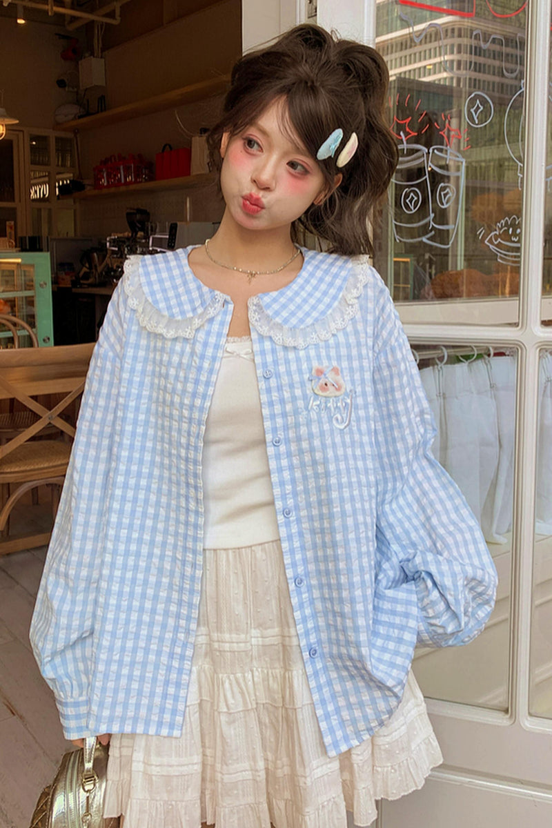 Cat Plaid Doll Collar Blouse