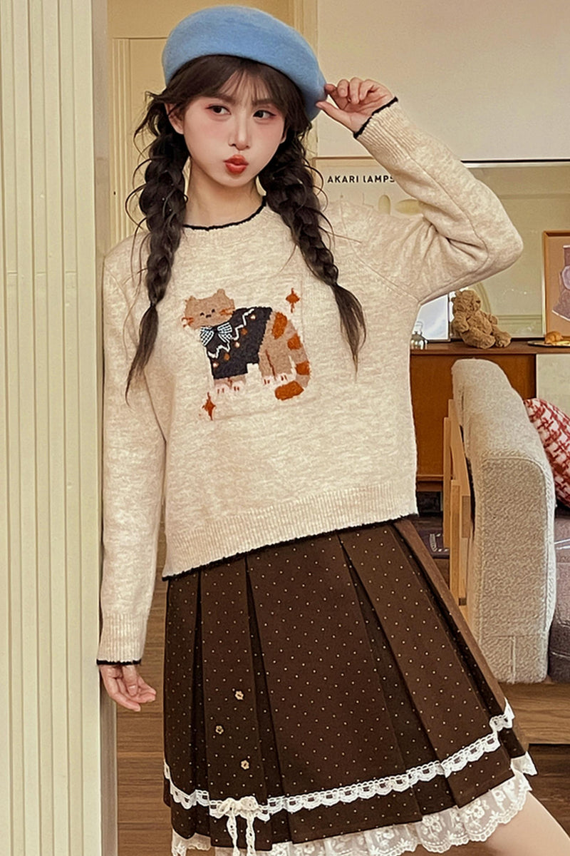 Cat Jacquard Color Block Sweater