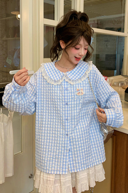 Cat Plaid Doll Collar Blouse
