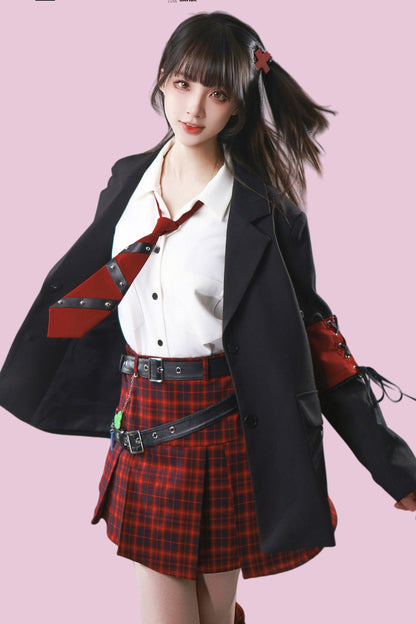 Diagonal Plaid Pleated Skirt + Leg Warmers