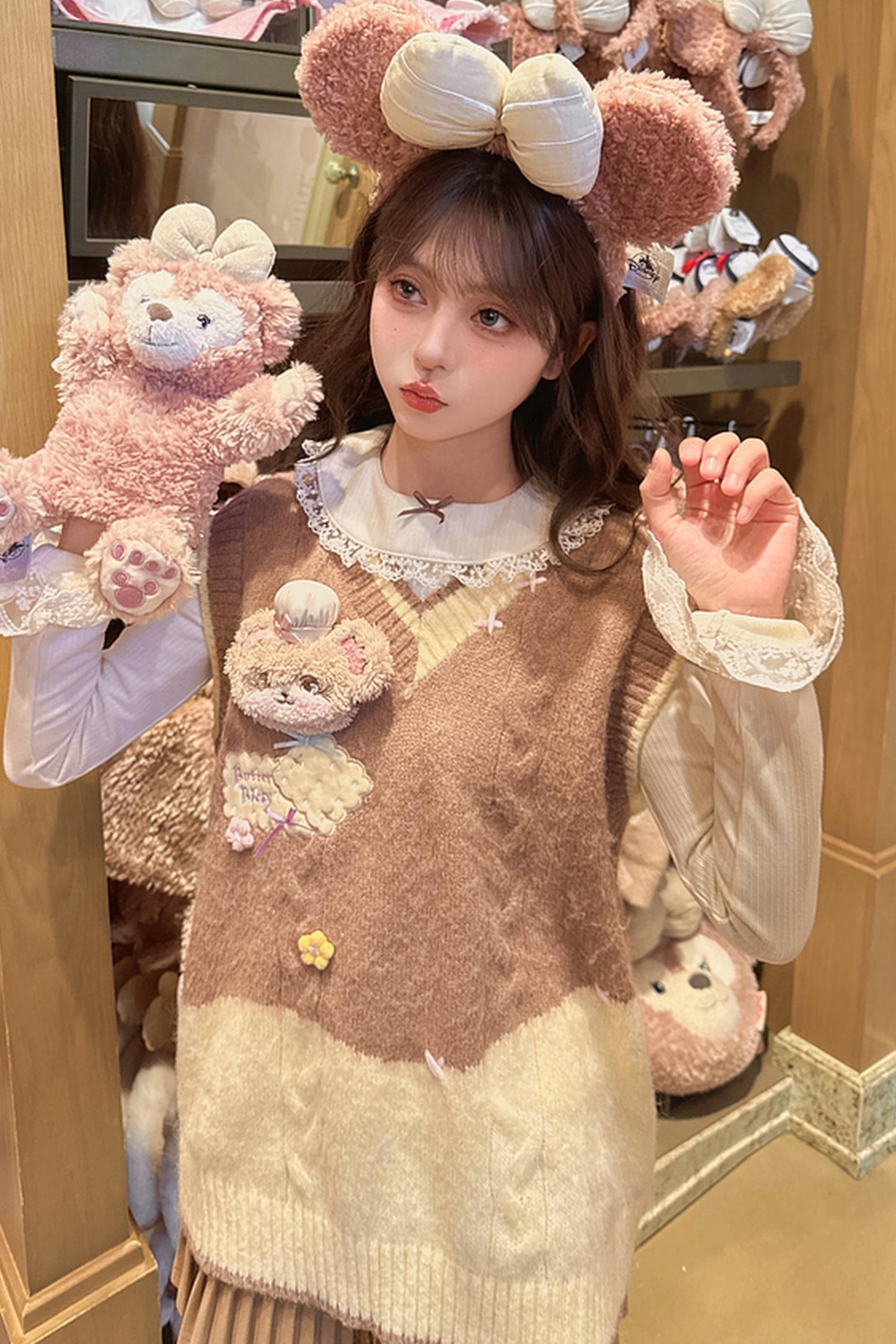 Sweet Bear Embroidered Knitted Vest + Cardigan