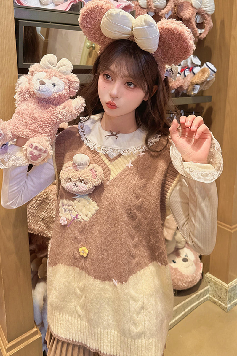 Sweet Bear Embroidered Knitted Vest + Cardigan